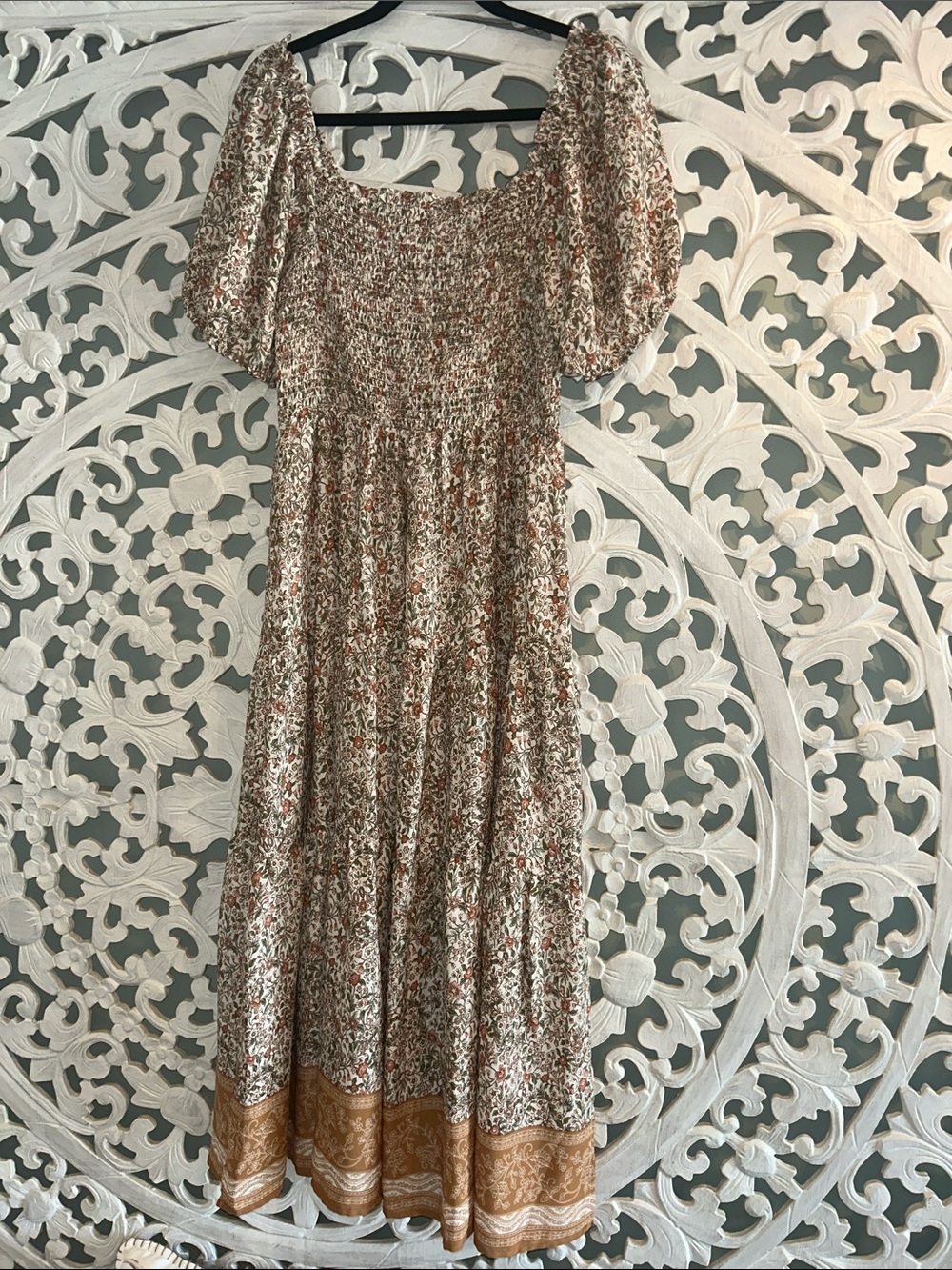 Floral Puff-Sleeve Maxi Dress in Cream & Brown